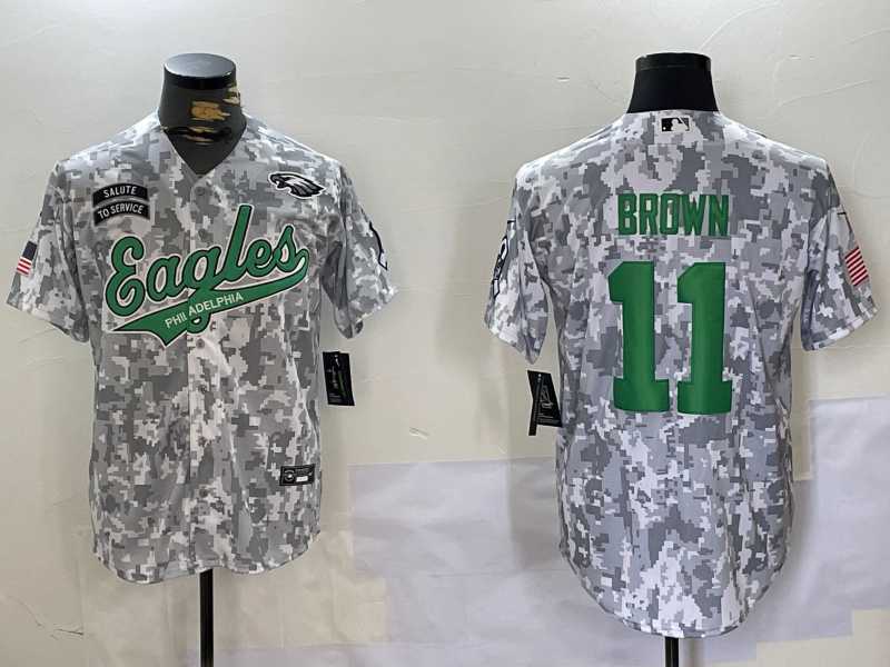 Men%27s Philadelphia Eagles #11 AJ Brown Arctic Camo 2024 Salute to Service Stitched Baseball Jersey